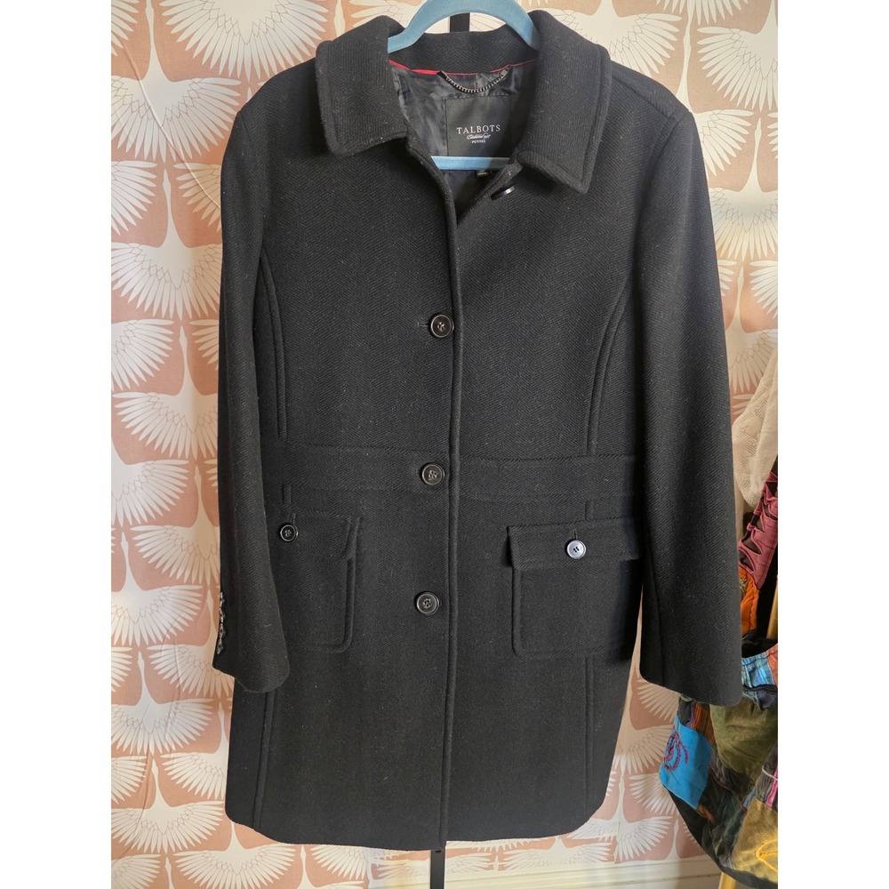 Talbots Black Wool Car Coat Petite 14P Button Front Jacket Classic Pockets